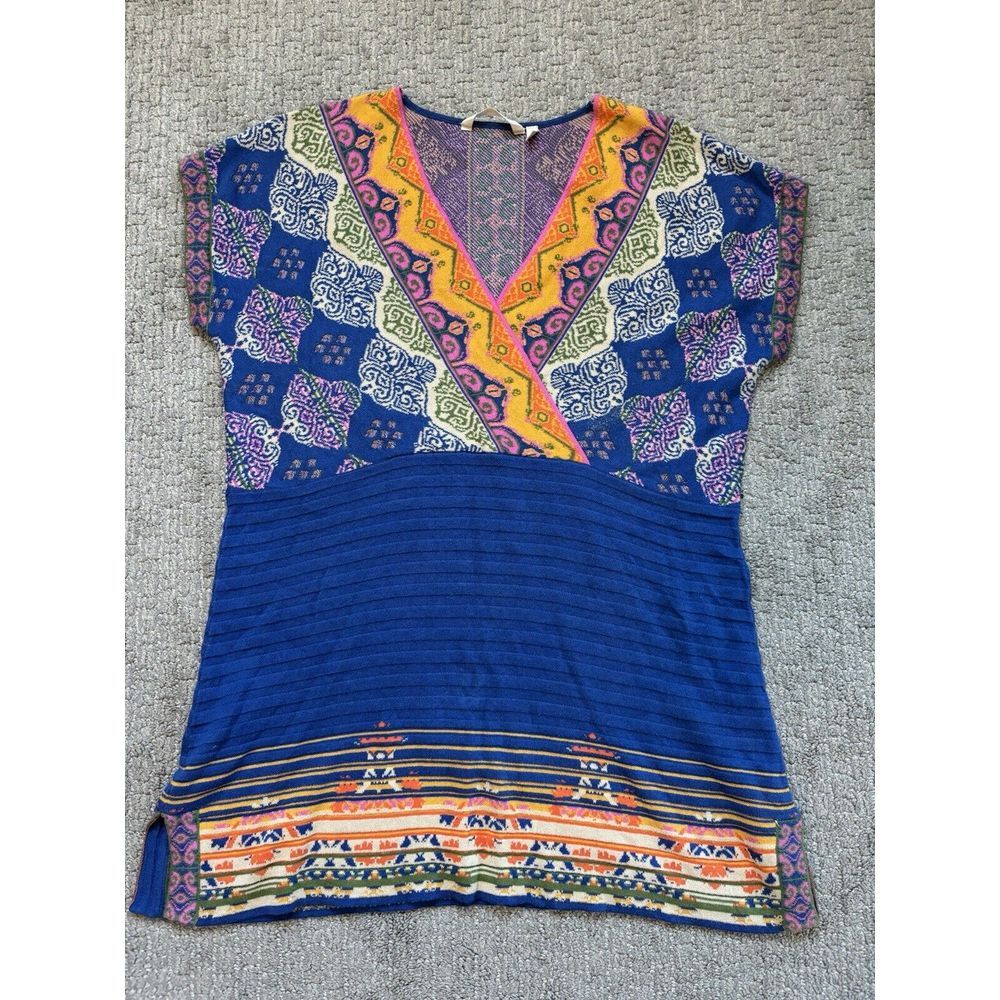 Soft‎ Surroundings Women's Large Kualoa Blue Tunic Cap Short Sleeve Sweater V
